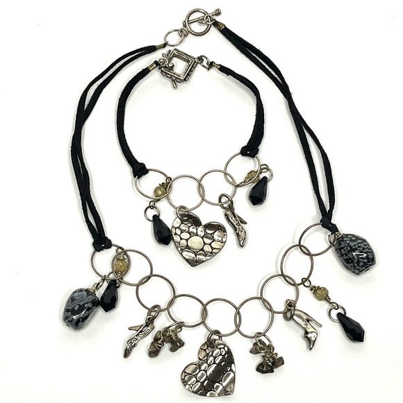 Handmade Jewelry - Handmade Girly Leather Necklace & Bracelet Set with 925 Silver Heart/Shoe Charms